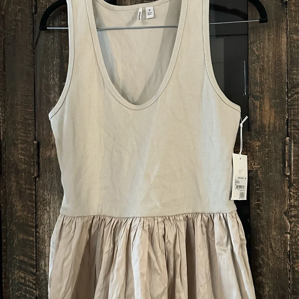 Nordstrom Mixed Media Stretch Cotton Tank Maxi Dress Beige Scroll NWT Small - Picture 9 of 11